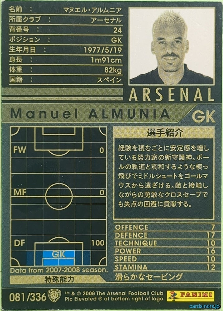 Panini WCCF Football WCCF/2007-2008-081/336 N Manuel Almunia Trading Card EX
