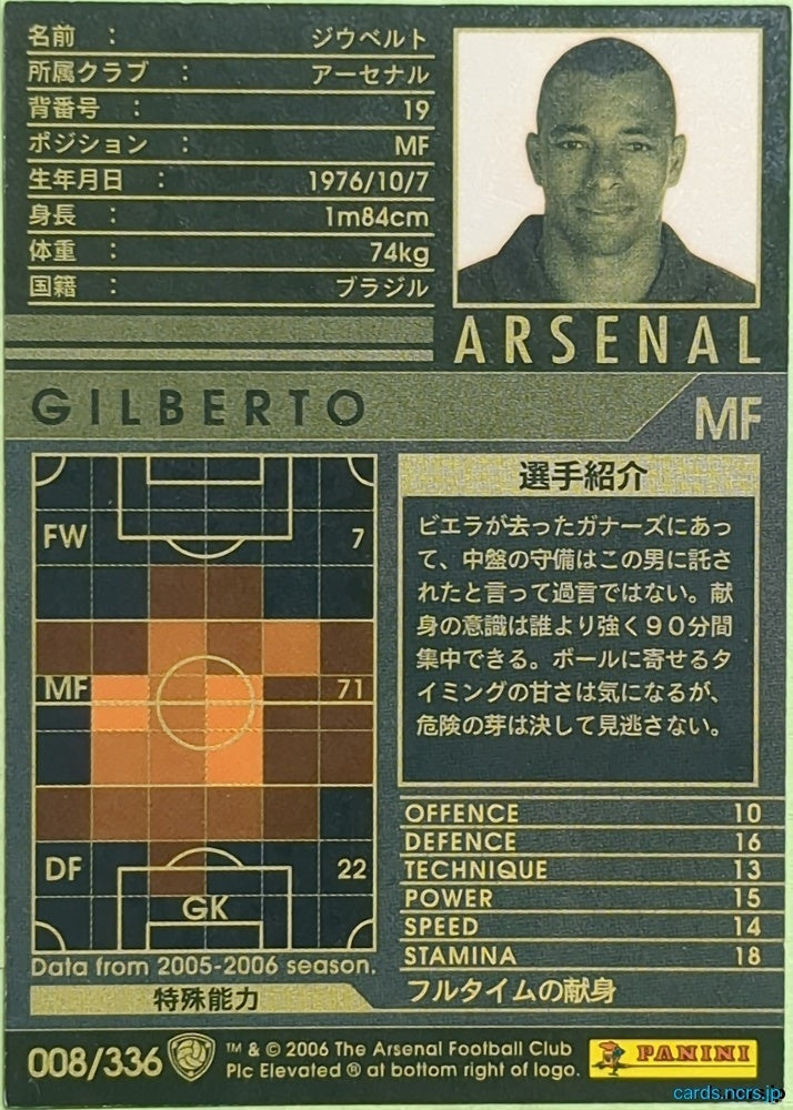 Panini WCCF Football WCCF/2005-2006-008/336 N Gilberto Trading Card EX
