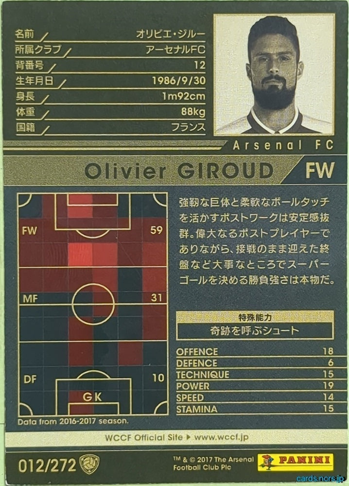 Panini WCCF Football WCCF/2017-2018-012/272 N Olivier GIROUD Trading Card EX