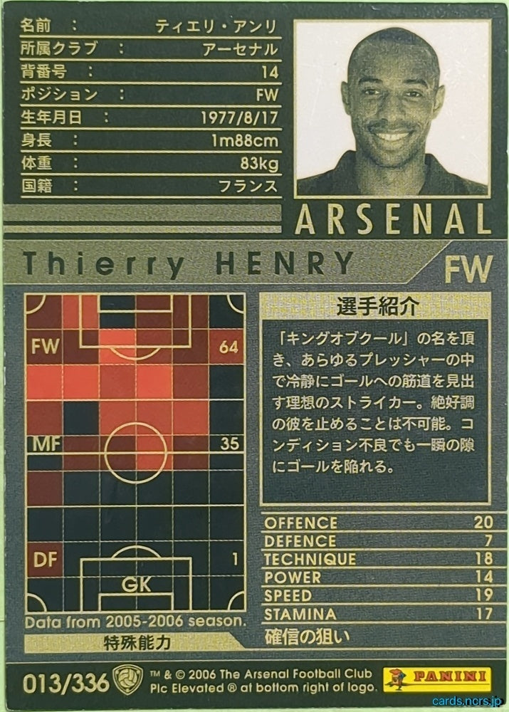 Panini WCCF Football WCCF/2005-2006-013/336 N Thierry Henry Trading Card EX