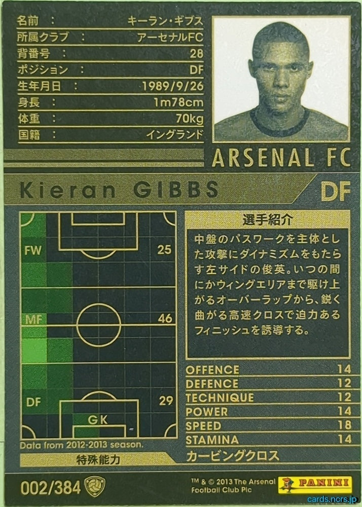 Panini WCCF Football WCCF/2012-2013-002/384 N Kieran Gibbs Trading Card EX