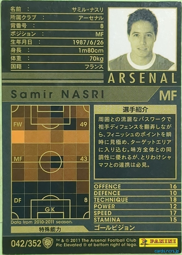 Panini WCCF Football WCCF/2010-2011-042/352 N Samir NASRI Trading Card EX