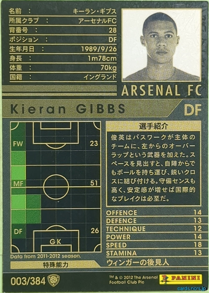 Panini WCCF Football WCCF/2011-2012-003/384 N Kieran Gibbs Trading Card EX