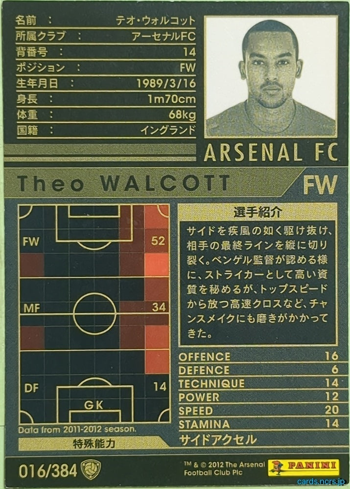 Panini WCCF Football WCCF/2011-2012-016/384 N Theo Walcott Trading Card EX