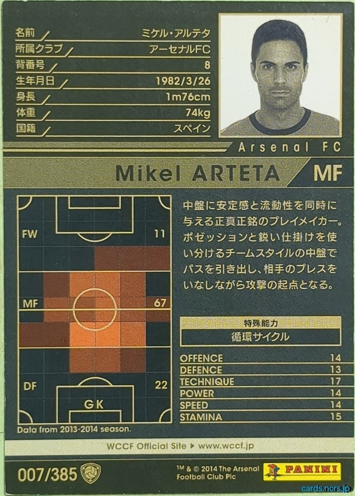 Panini WCCF Football WCCF/2013-2014-007/385 N Mikel Arteta Trading Card EX