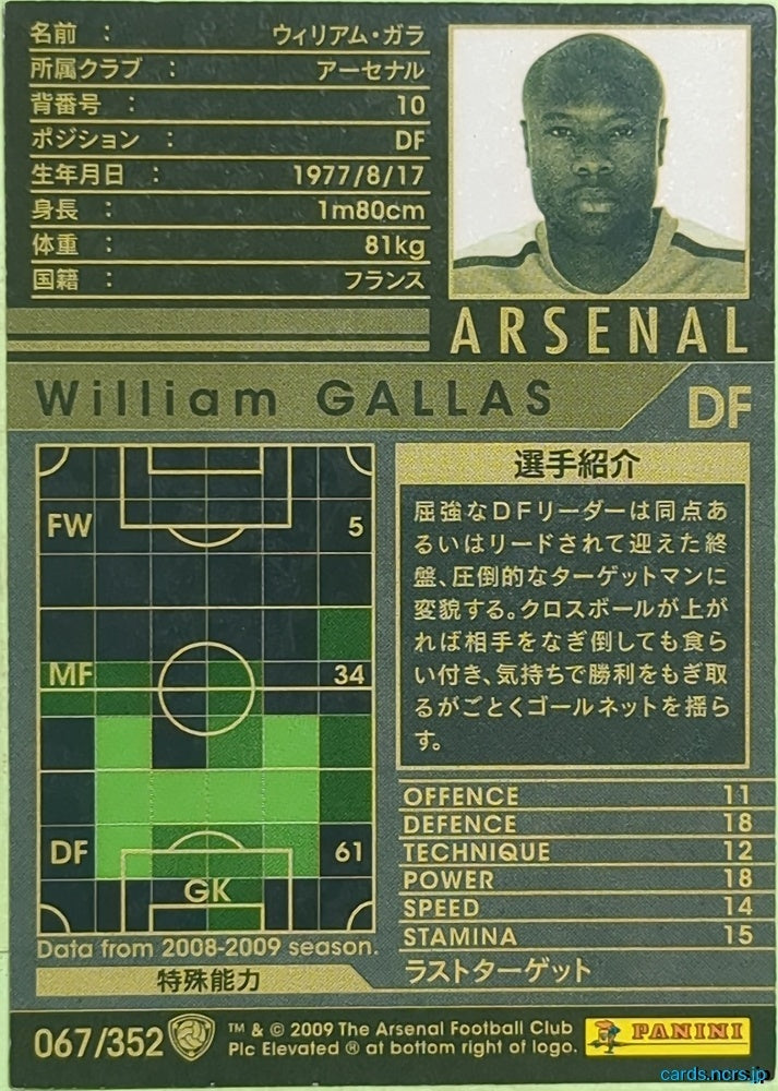 Panini WCCF Football WCCF/2008-2009-067/352 N William Gallas Trading Card EX