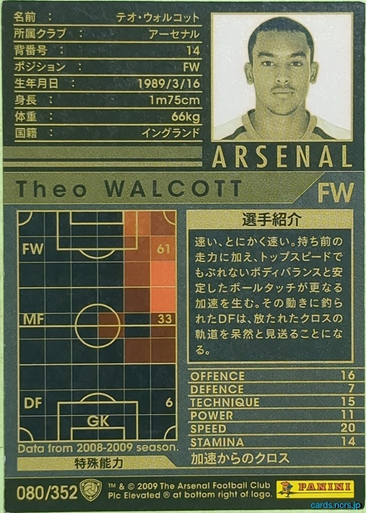 Panini WCCF Football WCCF/2008-2009-080/352 N Theo Walcott Trading Card EX