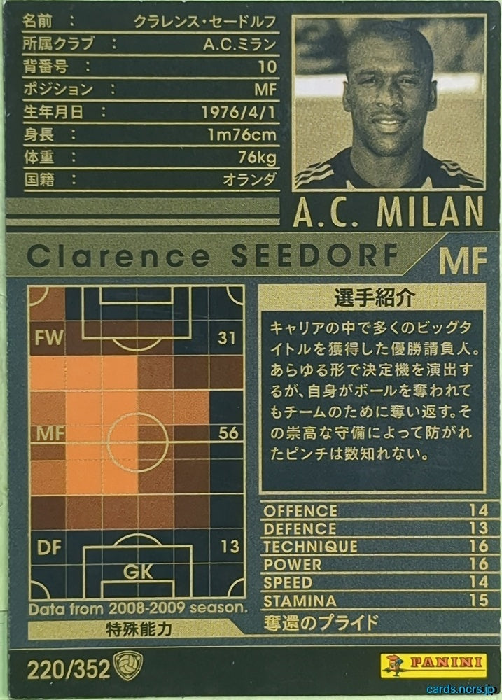 Panini WCCF Football WCCF/2008-2009-220/352 N Clarence Seedorf Trading Card EX