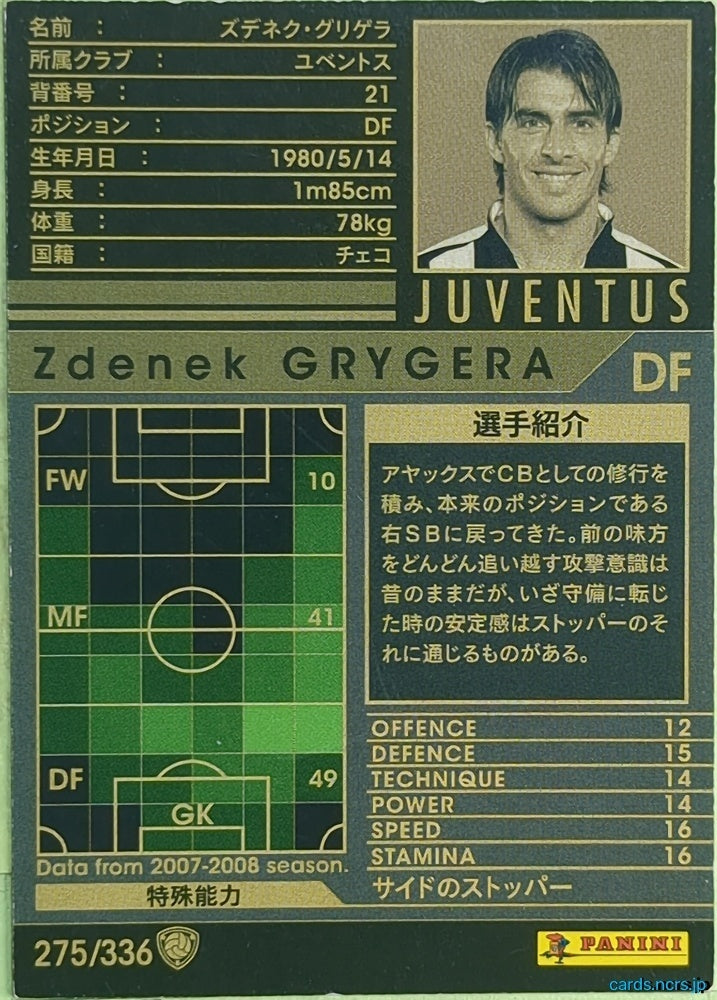 Panini WCCF Football WCCF/2007-2008-275/336 N Zdenek Grygera Trading Card EX
