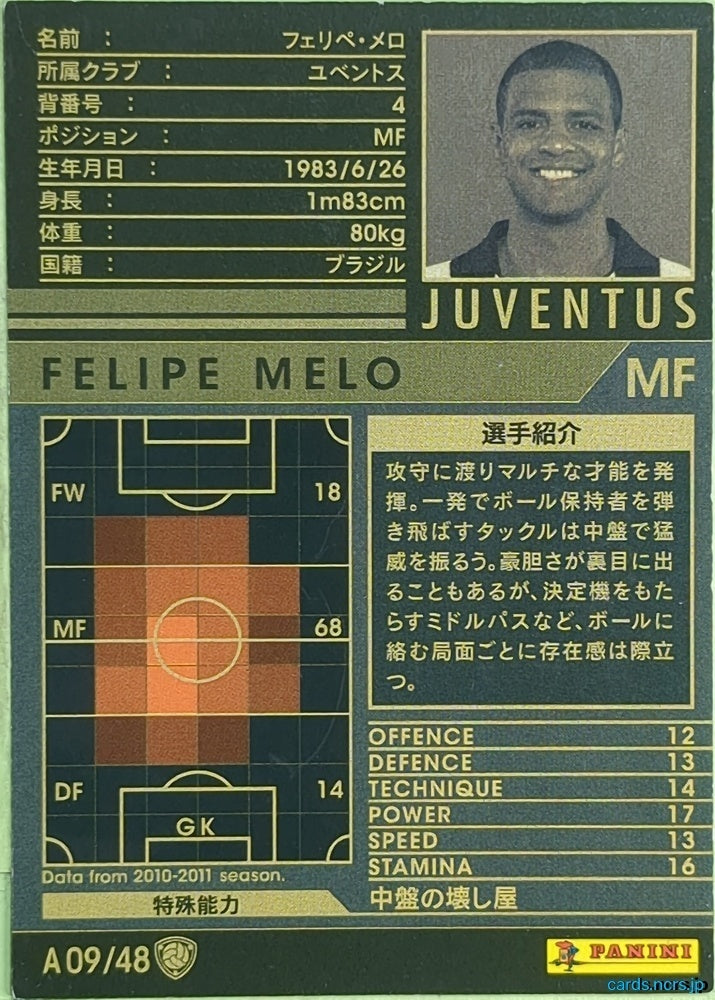 Panini WCCF Football WCCF/2010-2011-A09/48 N Felipe Melo Trading Card EX