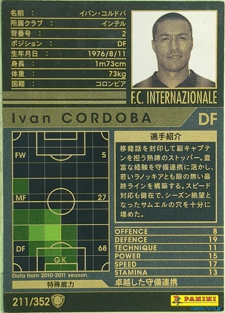 Panini WCCF Football WCCF/2010-2011-211/352 N Ivan CORDOBA Trading Card EX