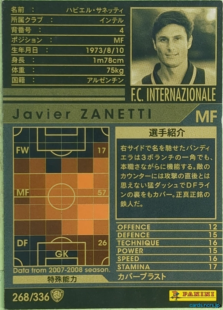 Panini WCCF Football WCCF/2007-2008-268/336 N Javier Zanetti Trading Card EX