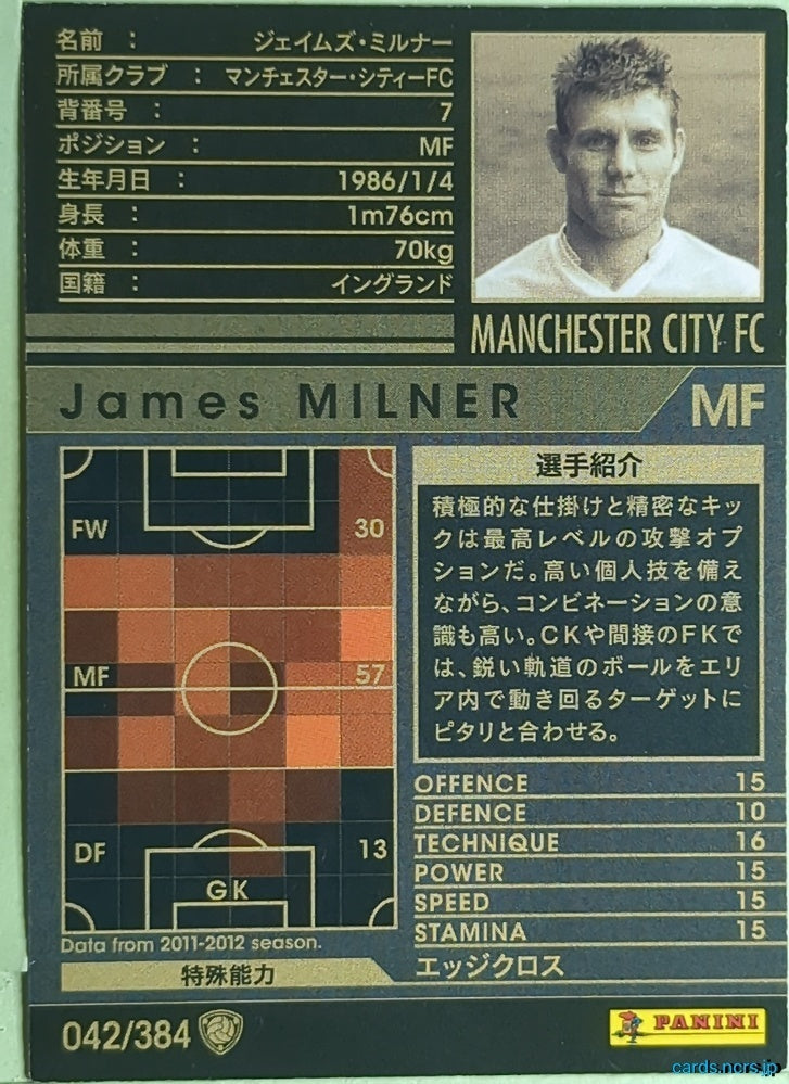 Panini WCCF Football WCCF/2011-2012-042/384 N James Milner Trading Card EX