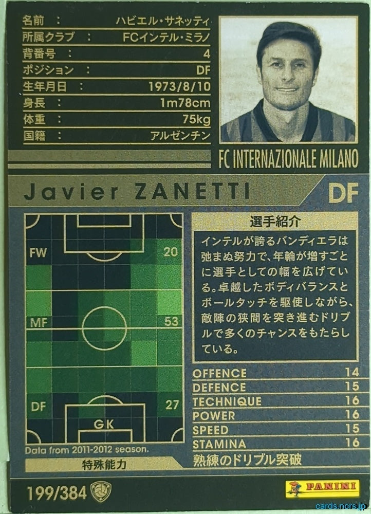 Panini WCCF Football WCCF/2011-2012-199/384 N Javier Zanetti Trading Card EX