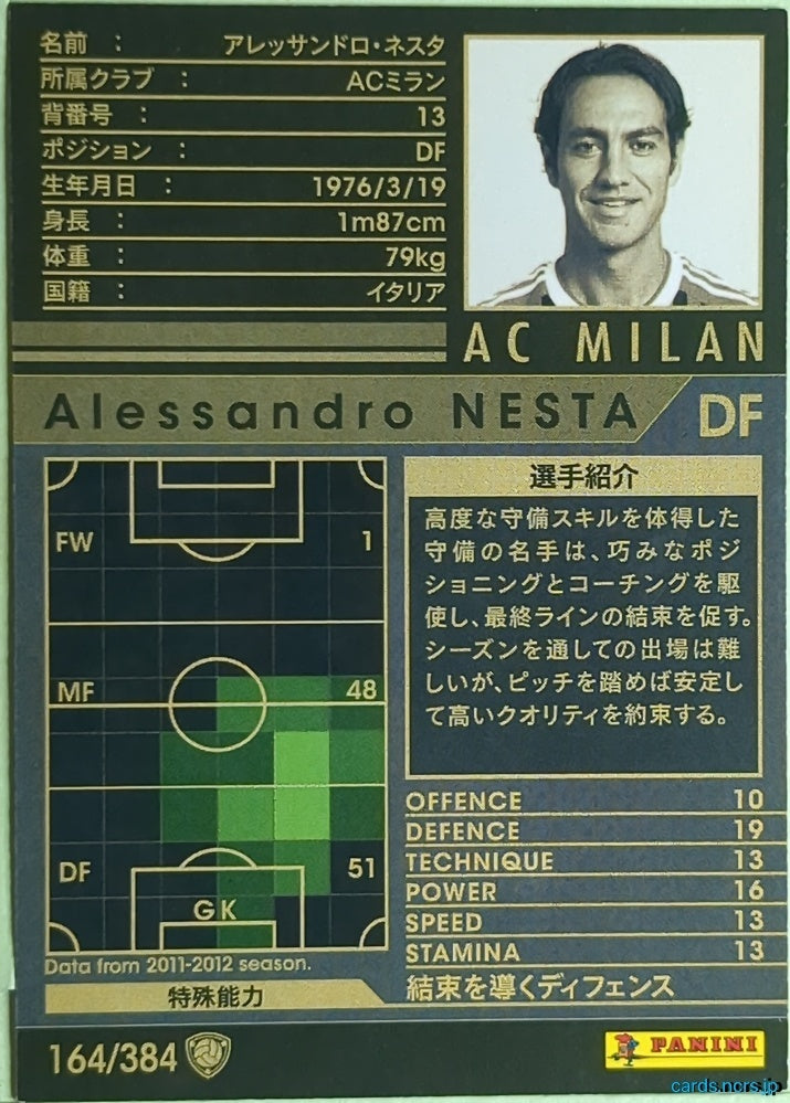 Panini WCCF Football WCCF/2011-2012-164/384 N Alessandro NESTA Trading Card EX