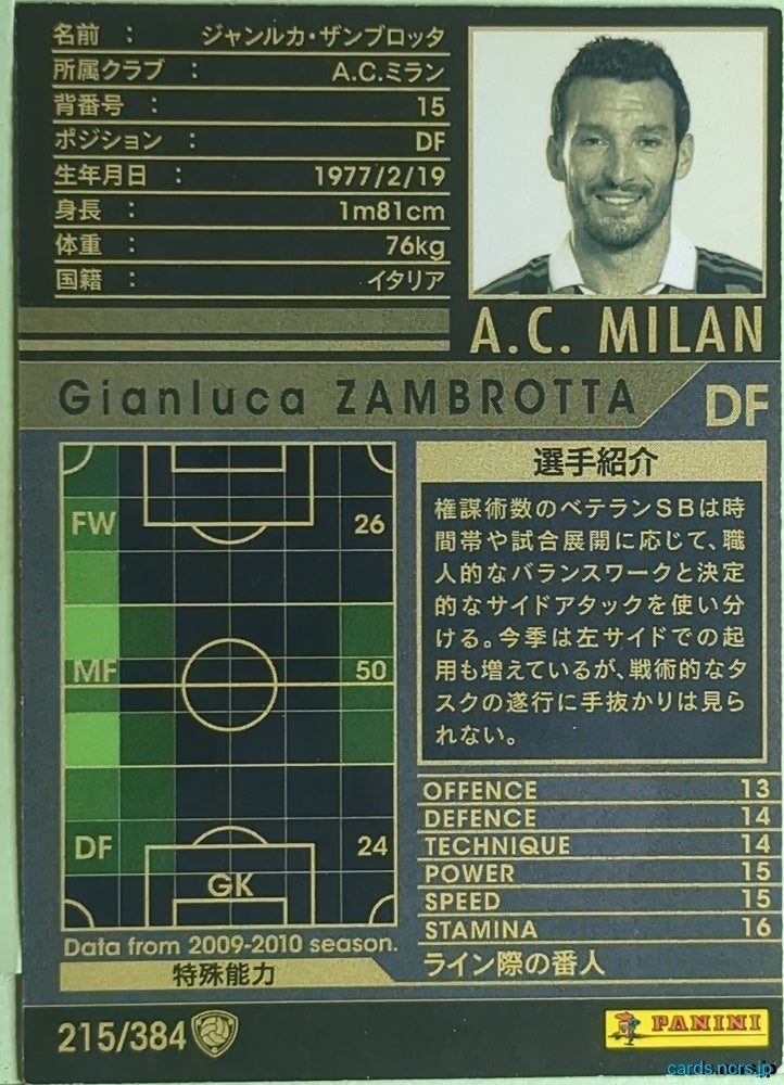 Panini WCCF Football WCCF/2009-2010-215/384 N Gianluca Zambrotta Trading Card EX