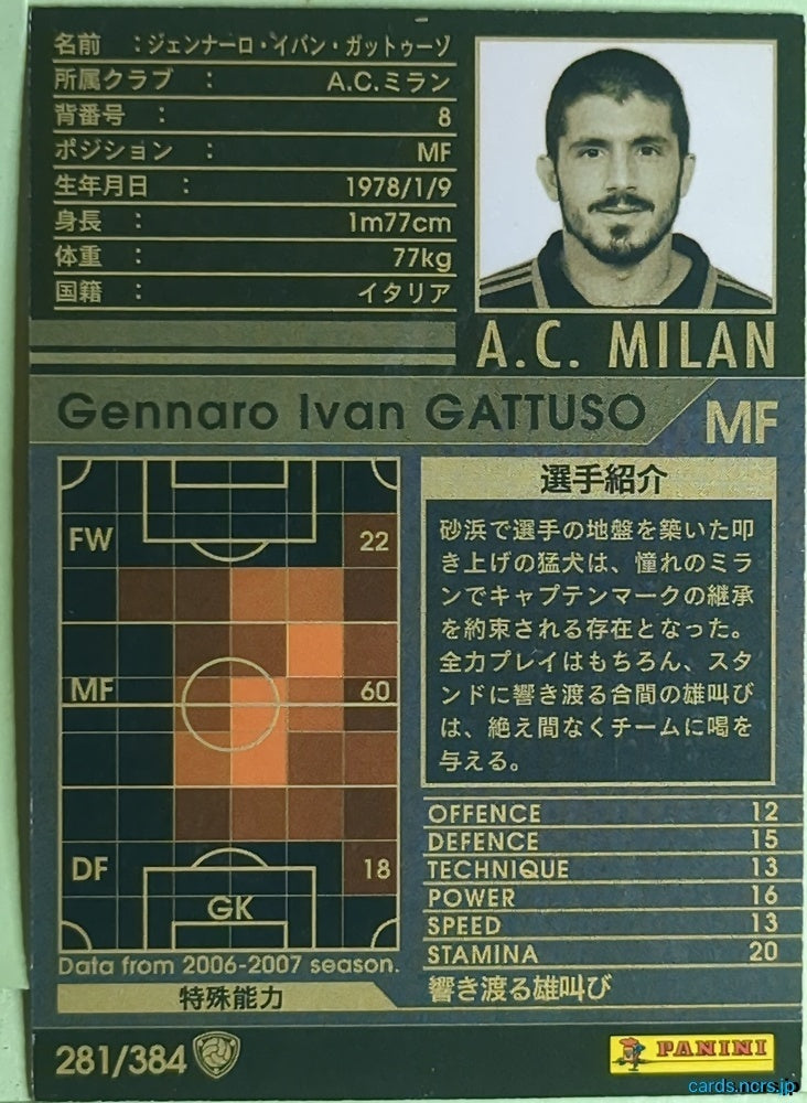 Panini WCCF Football WCCF/2006-2007-281/384 N Gennaro Ivan Gattuso Trading Card EX
