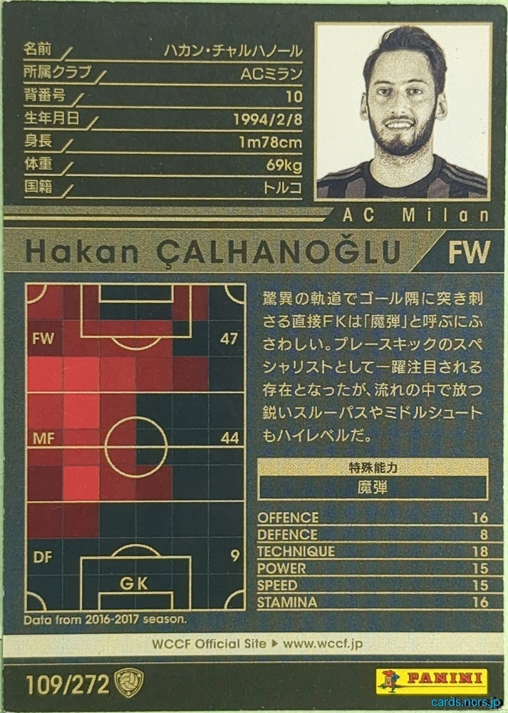 Panini WCCF Football WCCF/2017-2018-109/272 N Hakan Çalhanoğlu Trading Card EX