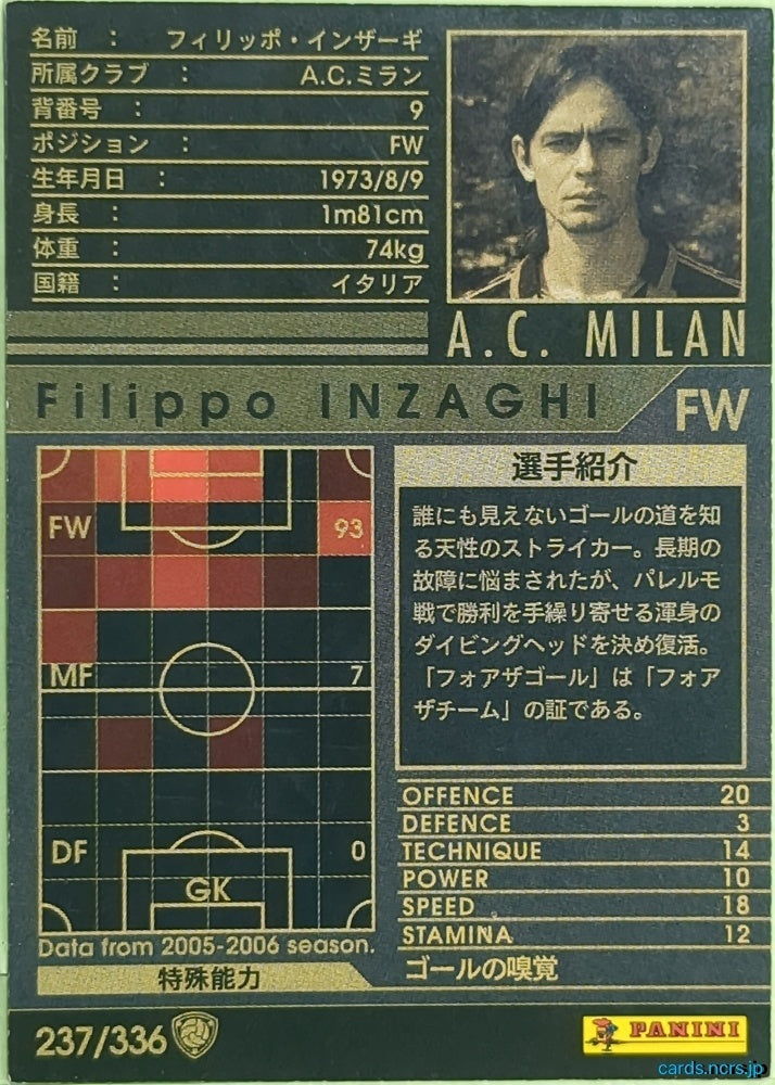 Panini WCCF Football WCCF/2005-2006-237/336 N Filippo Inzaghi Trading Card EX