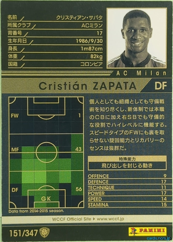 Panini WCCF Football WCCF/2015-2016-151/347 N Cristian Zapata Trading Card EX