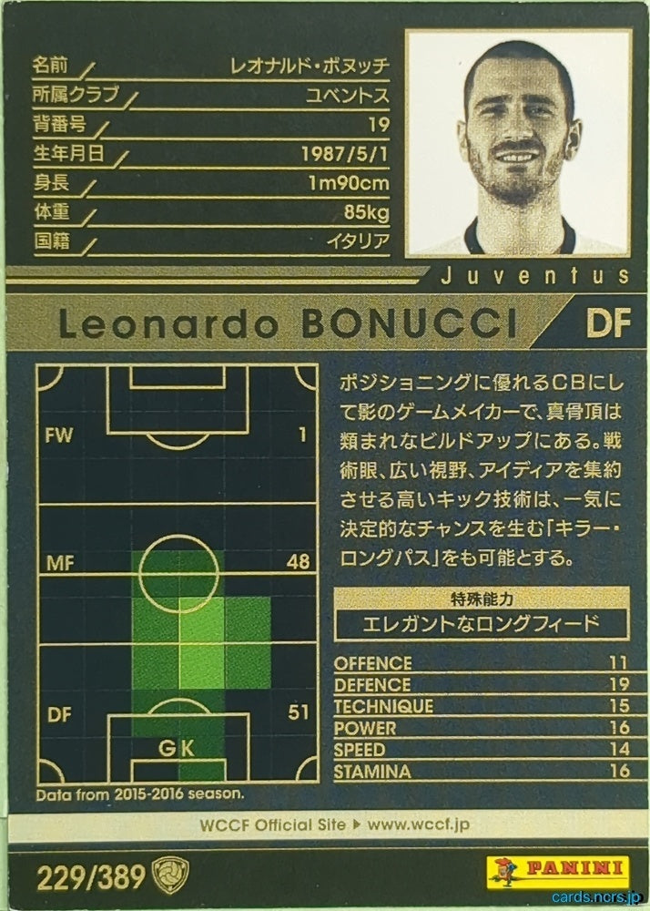 Panini WCCF Football WCCF/2016-2017-229/389 N Leonardo Bonucci Trading Card EX