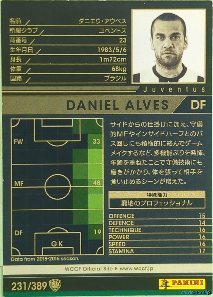 Panini WCCF Football WCCF/2016-2017-231/389 N Dani Alves Trading Card EX