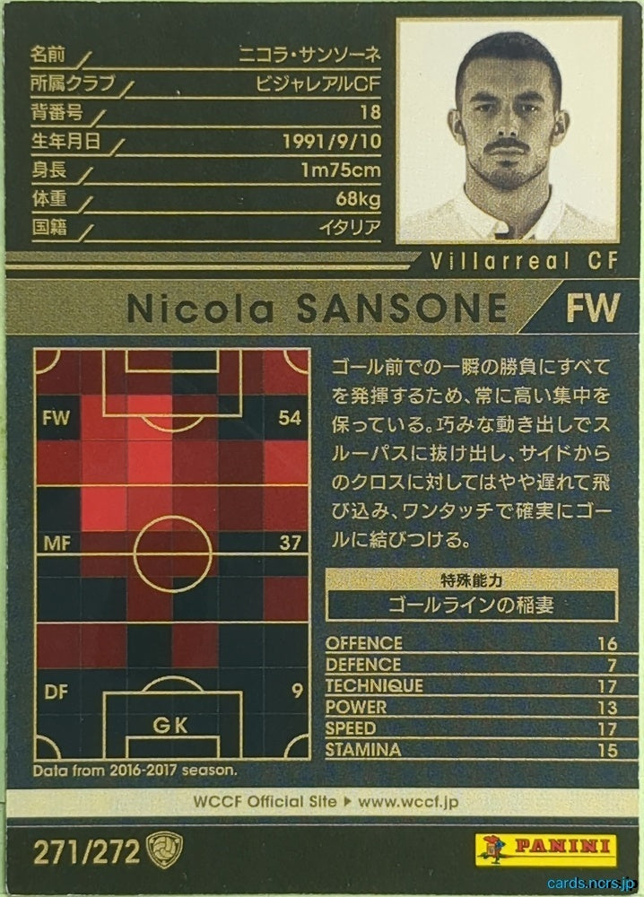 Panini WCCF Football WCCF/2017-2018-271/272 N Nicola SANSONE Trading Card EX