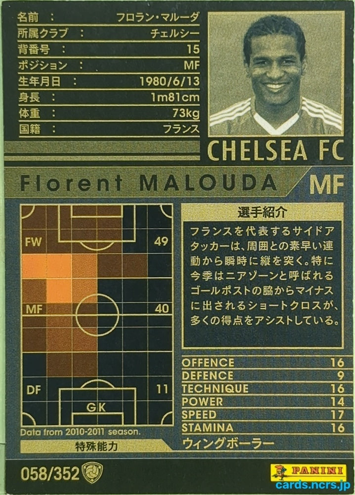 Panini WCCF Football WCCF/2010-2011-058/352 N Florent Malouda Trading Card EX