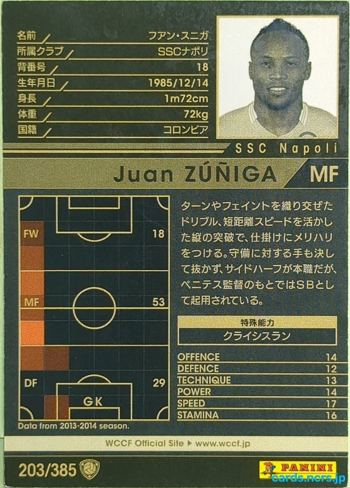 Panini WCCF Football WCCF/2013-2014-203/385 N Juan Zúñiga Trading Card EX