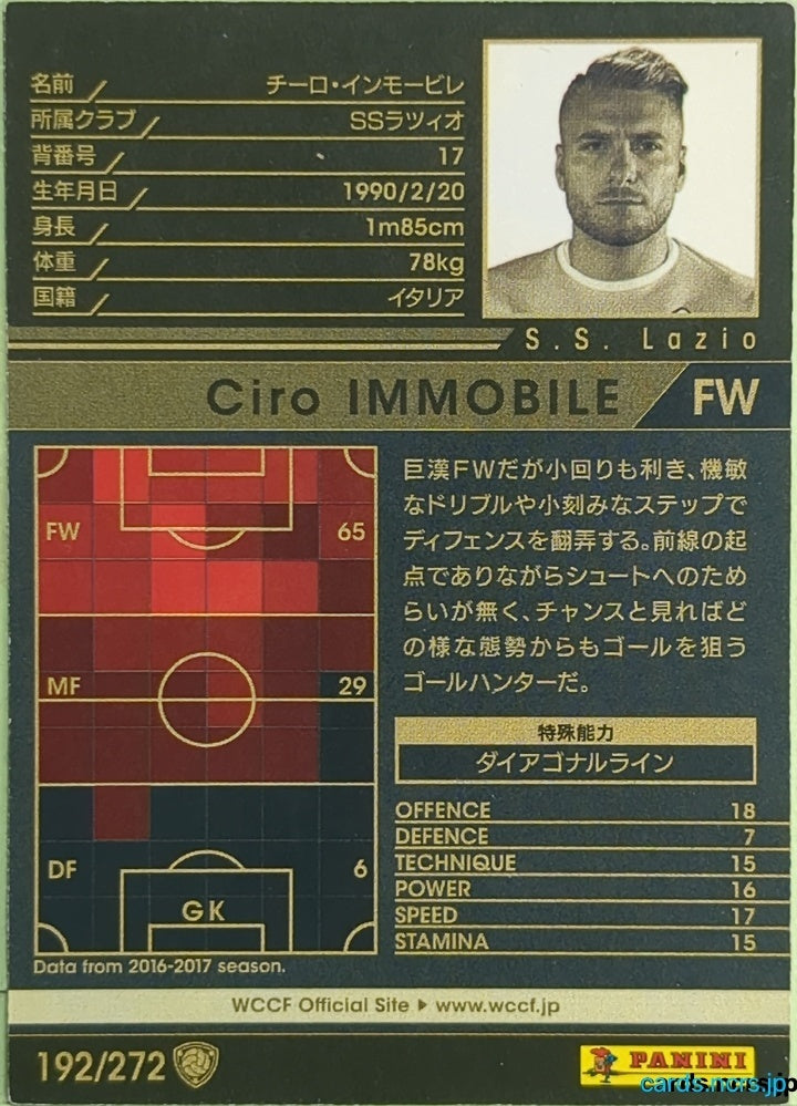 Panini WCCF Football WCCF/2017-2018-192/272 N Ciro IMMOBILE Trading Card EX