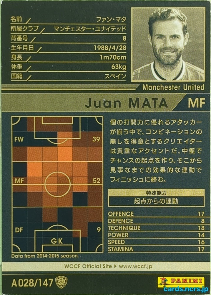 Panini WCCF Football WCCF/2014-2015-A028/147 N Juan Mata Trading Card EX