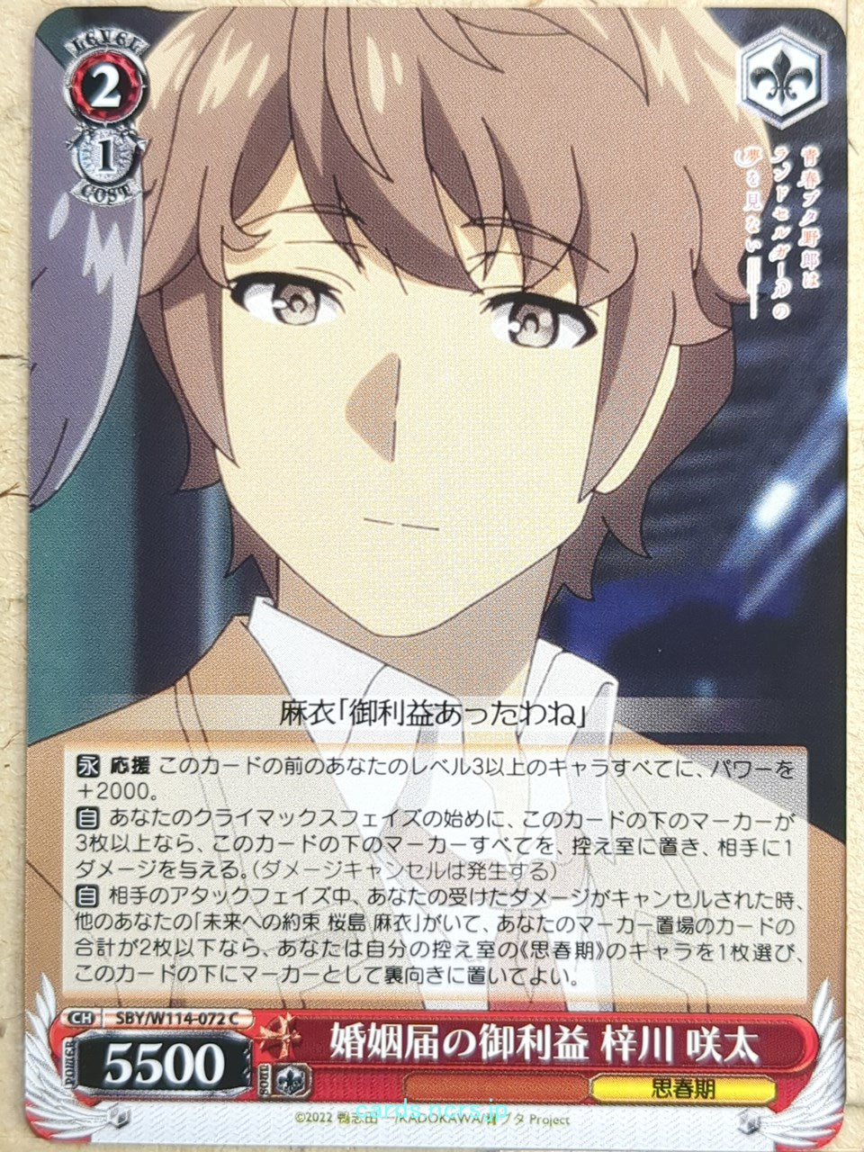 Weiss Schwarz Rascal Does Not Dream of Bunny Girl Senpai SBY/W114-072C C Sakuta Azusagawa Trading Card NM