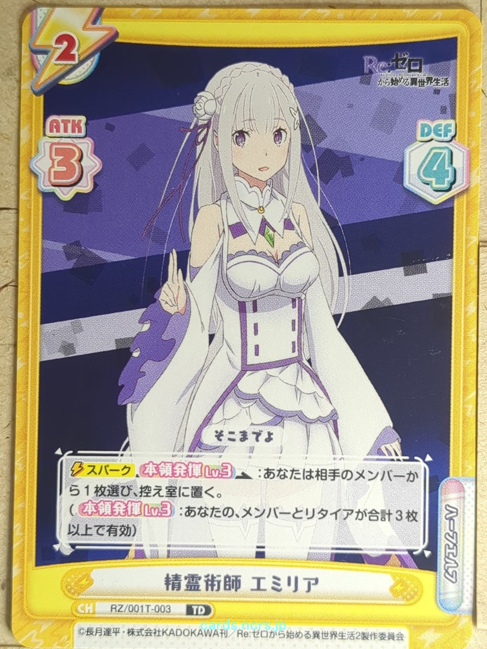 Re birth for you Re ZERO RE/RZ/001T-003 TD Emilia Trading Card NM