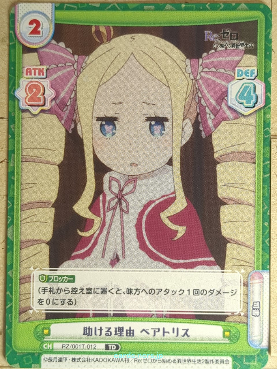 Re birth for you Re ZERO RE/RZ/001T-012 TD Beatrice Trading Card NM