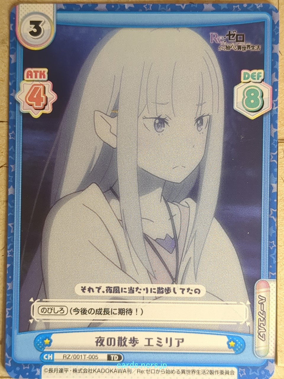 Re birth for you Re ZERO RE/RZ/001T-005 TD Emilia Trading Card NM