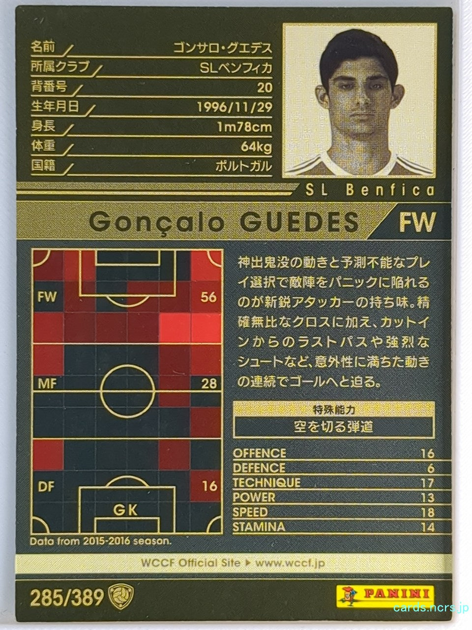 Panini WCCF Football WCCF/2015-2016-285/389 N Goncalo GUEDES Trading Card EX