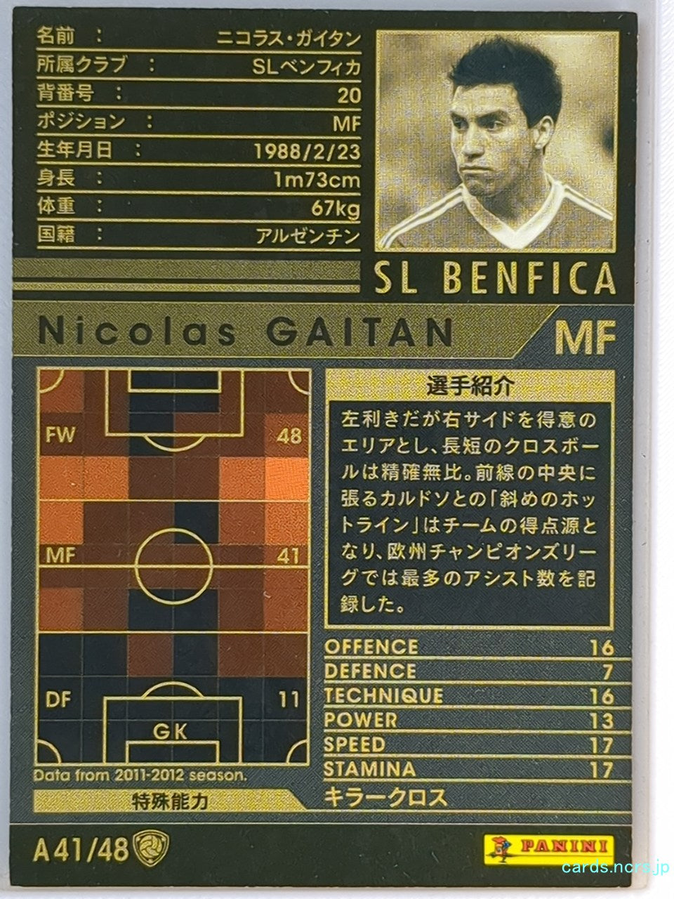Panini WCCF Football WCCF/2011-2012-A41/48 N Nicolas Gaitan Trading Card EX