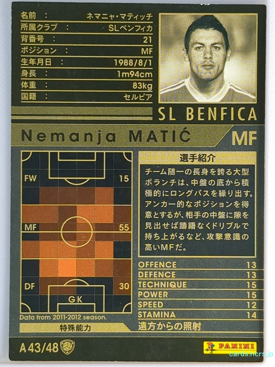 Panini WCCF Football WCCF/2011-2012-A43/48 N Nemanja Matic Trading Card EX