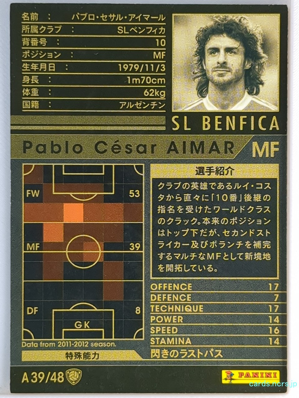 Panini WCCF Football WCCF/2011-2012-A39/48 N Pablo Cesar Aimar Trading Card EX