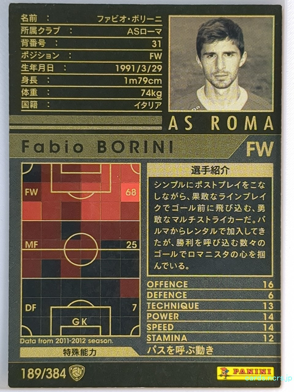 Panini WCCF Football WCCF/2011-2012-189/384 N Fabio BORINI Trading Card EX