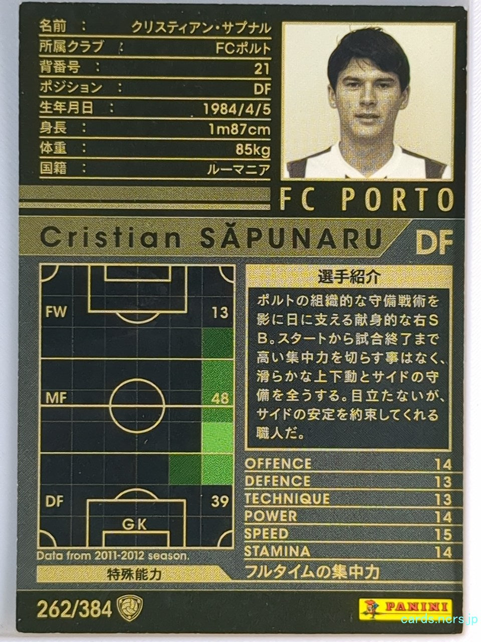 Panini WCCF Football WCCF/2011-2012-262/384 N Cristian Sapunaru Trading Card EX