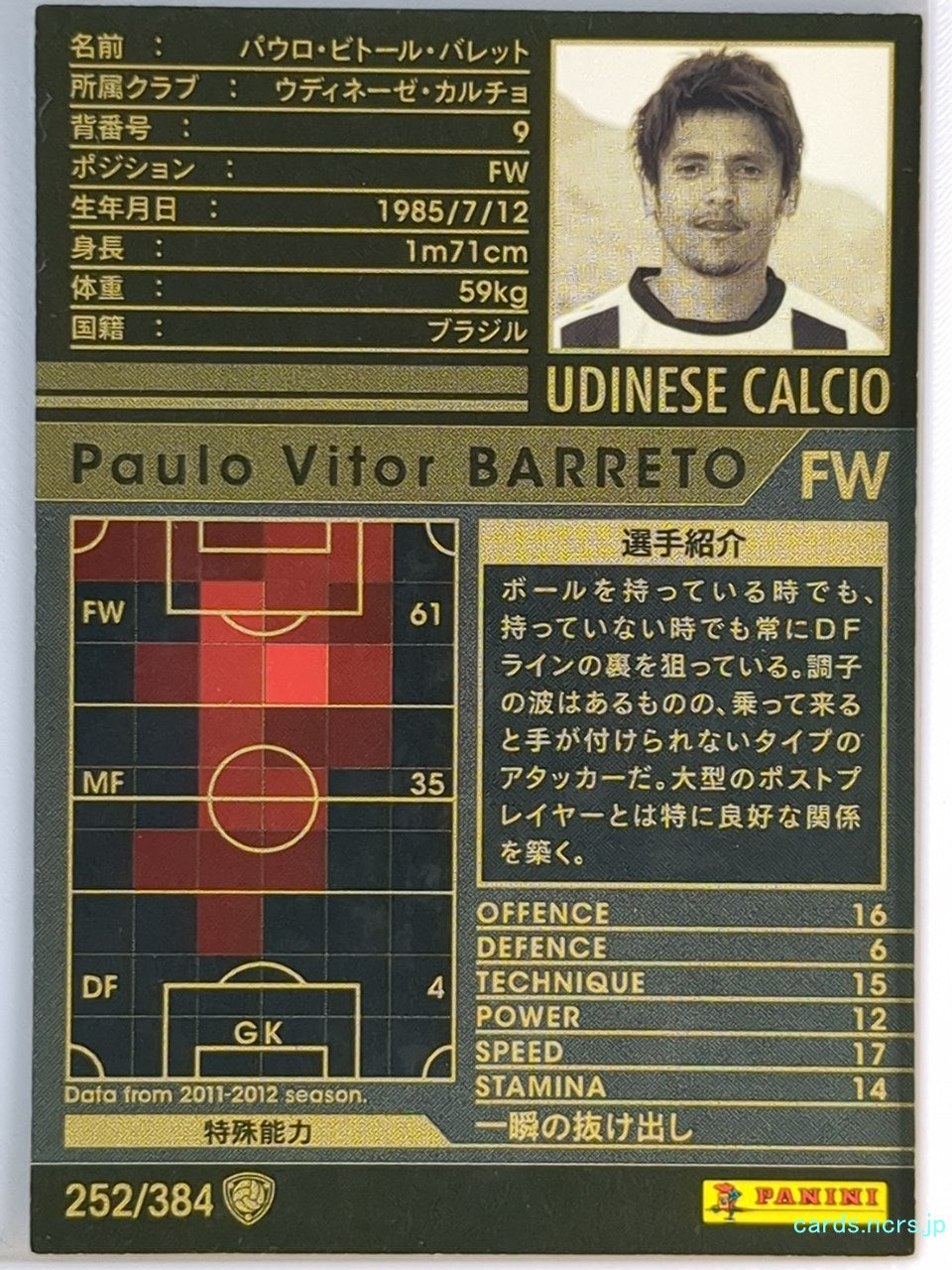 Panini WCCF Football WCCF/2011-2012-252/384 N Paulo Vitor BARRETO Trading Card EX