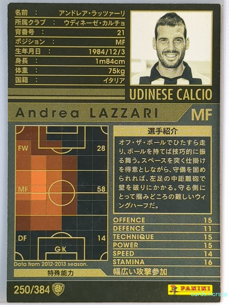 Panini WCCF Football WCCF/2012-2013-250/384 N Andrea LAZZARI Trading Card EX