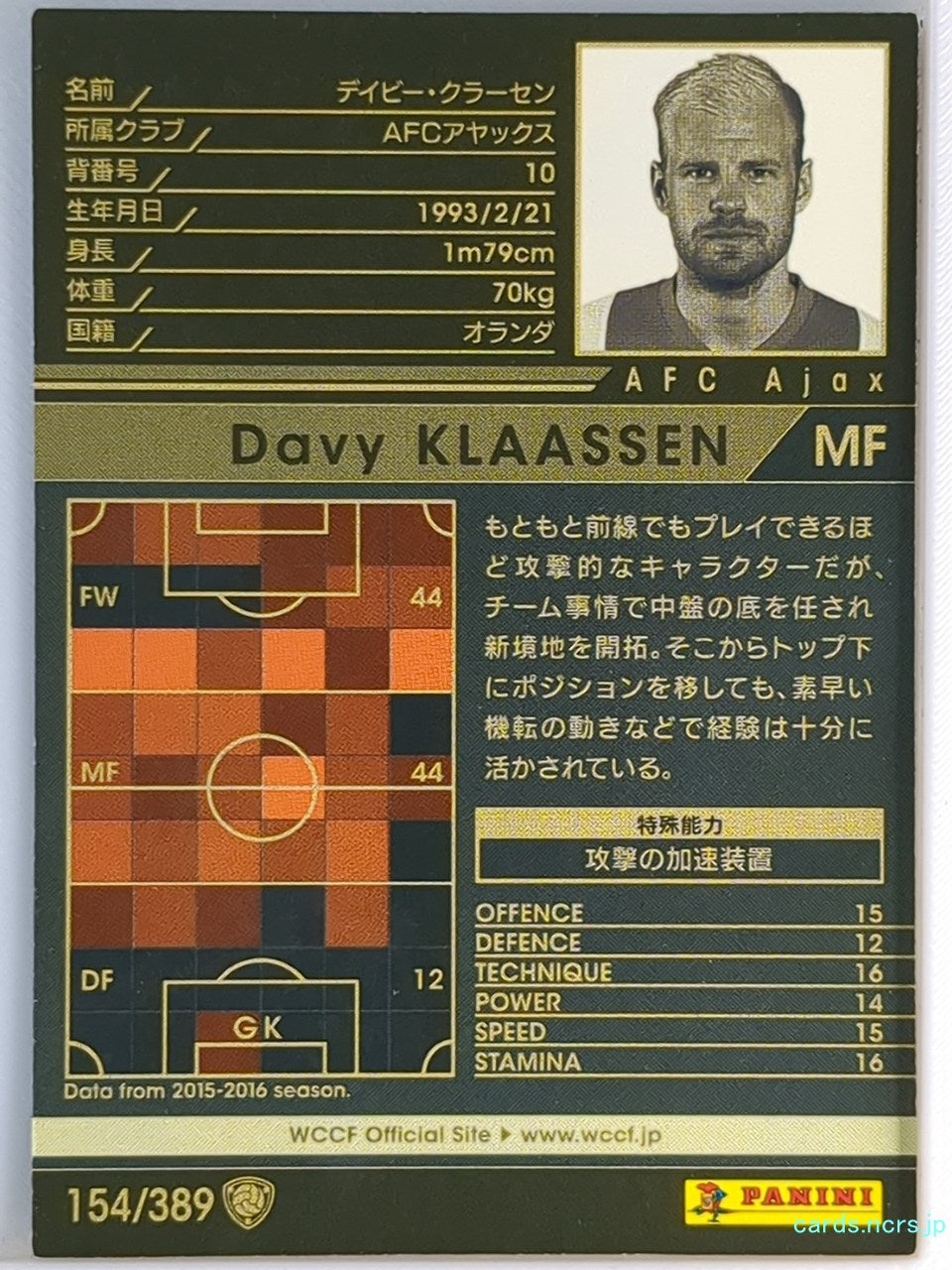Panini WCCF Football WCCF/2015-2016-154/389 N Davy KLAASSEN Trading Card EX