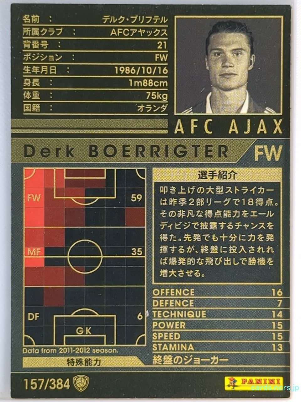 Panini WCCF Football WCCF/2011-2012-157/384 N Derk BOERRIGTER Trading Card EX