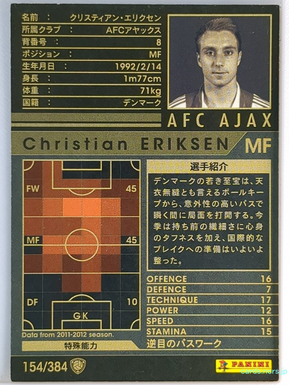 Panini WCCF Football WCCF/2011-2012-154/384 N Christian ERIKSEN Trading Card EX