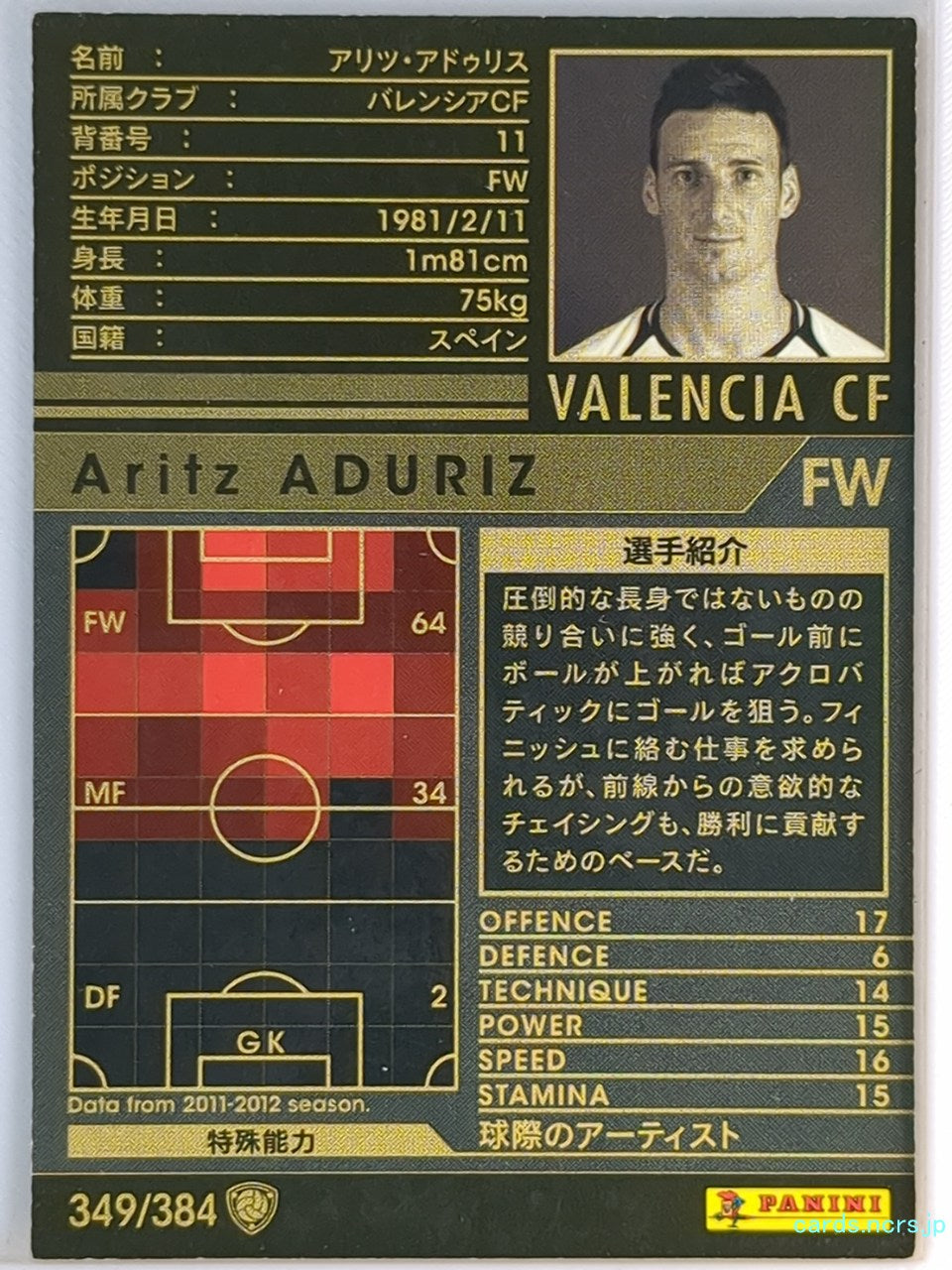 Panini WCCF Football WCCF/2011-2012-349/384 N Aritz Aduriz Trading Card EX