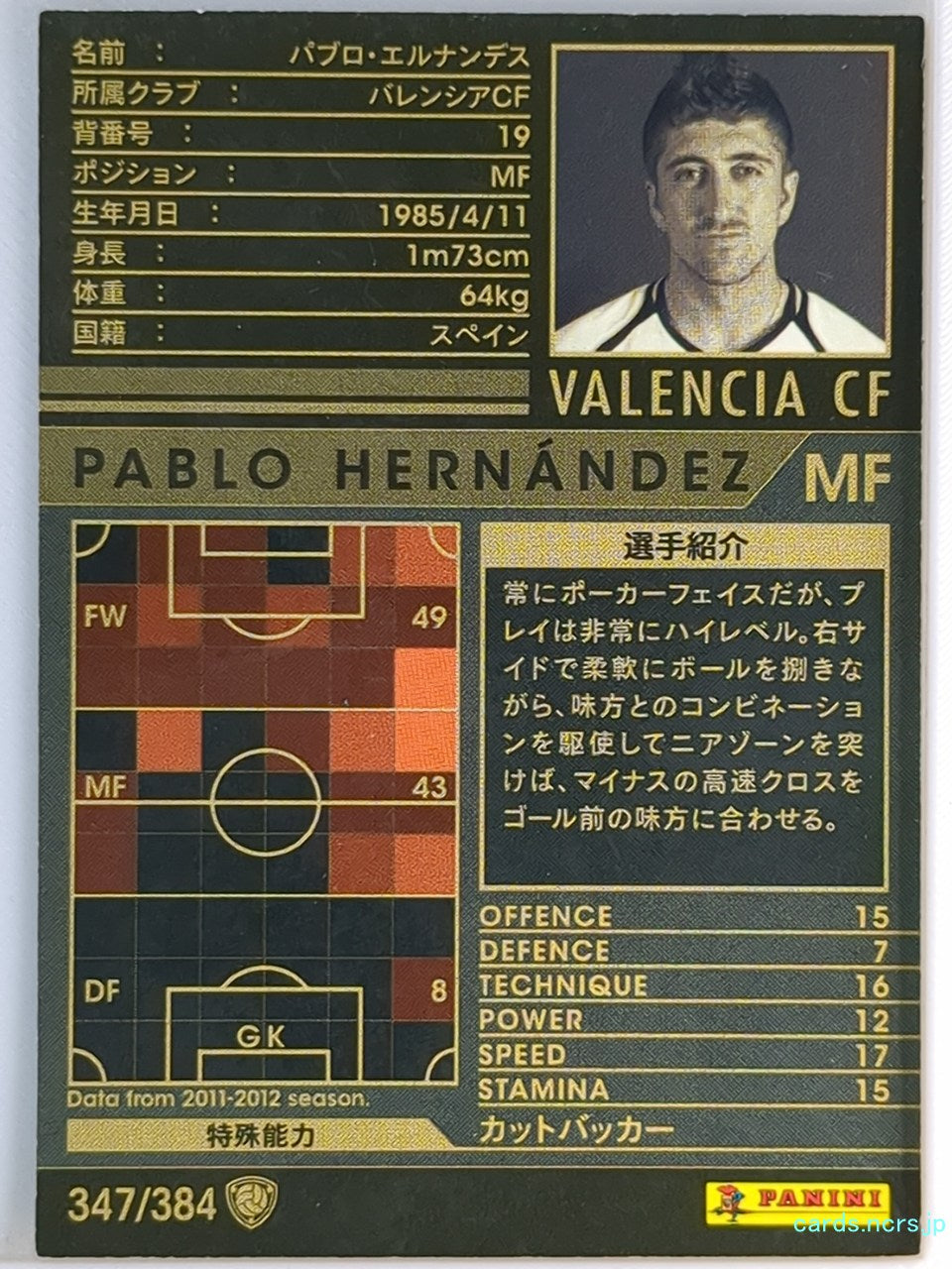 Panini WCCF Football WCCF/2011-2012-347/384 N Pablo Hernandez Trading Card EX