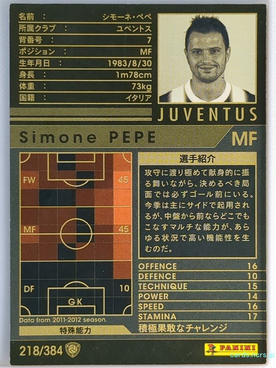 Panini WCCF Football WCCF/2011-2012-218/384 N Simone Pepe Trading Card EX