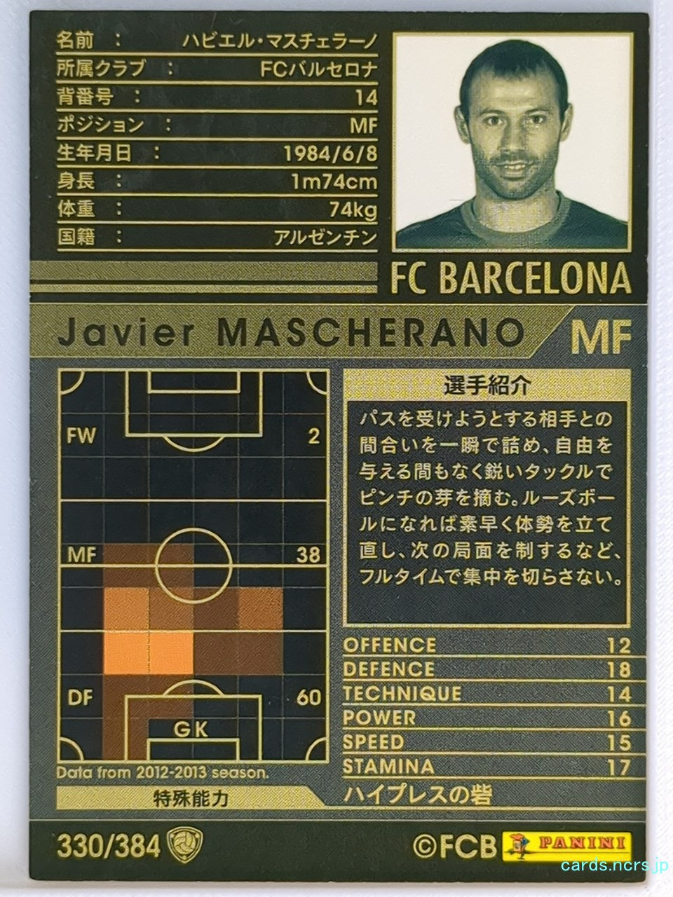 Panini WCCF Football WCCF/2012-2013-330/384 N Javier MASCHERANO Trading Card EX